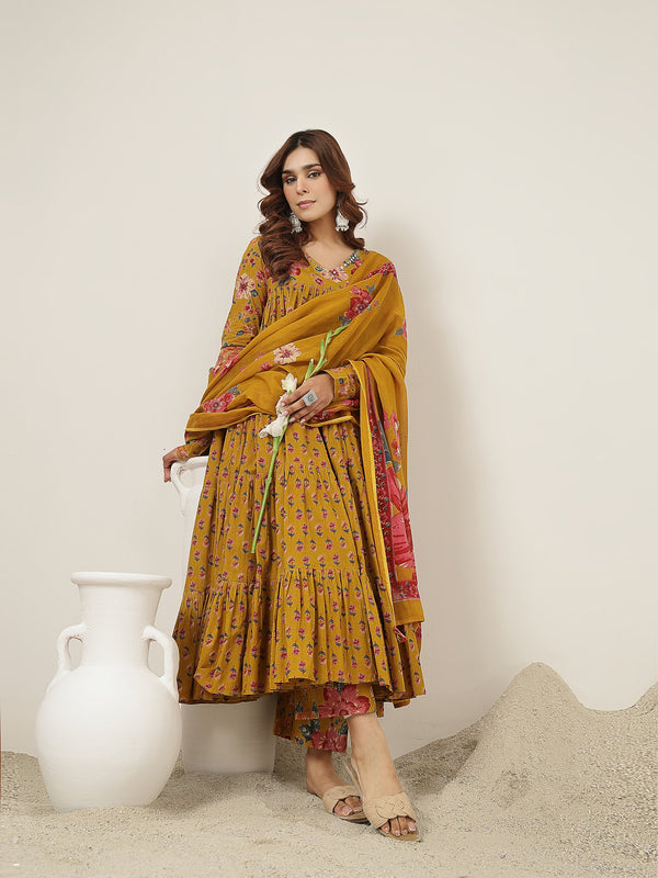 Cotton Calf Length Printed Full Sleeve V-Neck Flared Kurta Suit Set