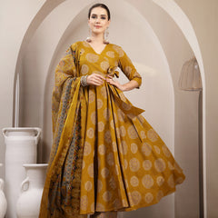 Gulmohar Jaipur Cotton Calf Length Printed 3/4 Sleeve V-Neck Anarkali Kurta Suit Set