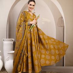 Gulmohar Jaipur Cotton Calf Length Printed 3/4 Sleeve V-Neck Anarkali Kurta Suit Set