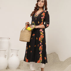 Rayon Calf Length Printed 3/4 Sleeve V-Neck Flared Kurta