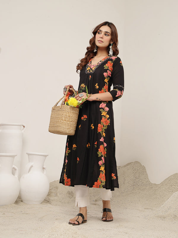 Rayon Calf Length Printed 3/4 Sleeve V-Neck Flared Kurta