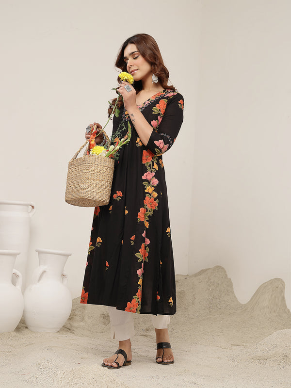 Rayon Calf Length Printed 3/4 Sleeve V-Neck Flared Kurta