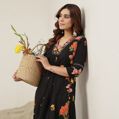 Rayon Calf Length Printed 3/4 Sleeve V-Neck Flared Kurta