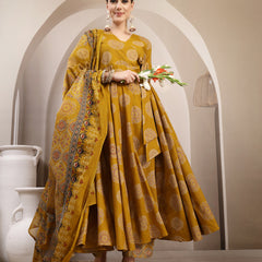 Gulmohar Jaipur Cotton Calf Length Printed 3/4 Sleeve V-Neck Anarkali Kurta Suit Set