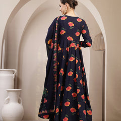 Gulmohar Jaipur Cotton Calf Length Printed Full Sleeves V-Neck Anarkali Kurta Suit Set