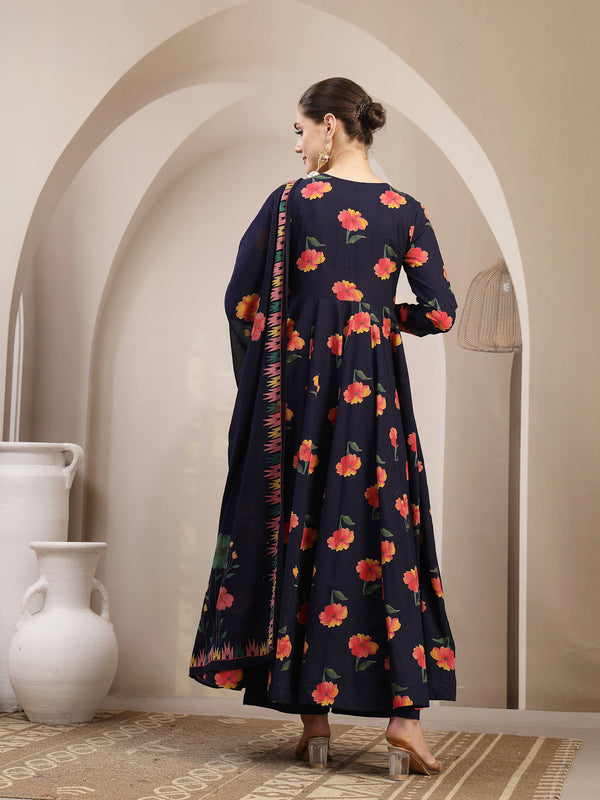 Gulmohar Jaipur Cotton Calf Length Printed Full Sleeves V-Neck Anarkali Kurta Suit Set