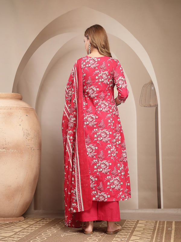 Gulmohar Jaipur Cotton Calf Length Printed 3/4 Sleeve V-Neck Flared Kurta Suit Set