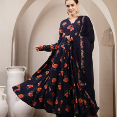 Gulmohar Jaipur Cotton Calf Length Printed Full Sleeves V-Neck Anarkali Kurta Suit Set
