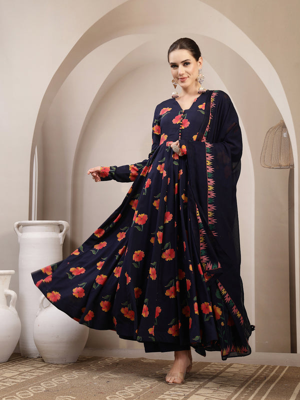 Gulmohar Jaipur Cotton Calf Length Printed Full Sleeves V-Neck Anarkali Kurta Suit Set
