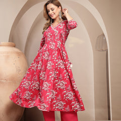 Gulmohar Jaipur Cotton Calf Length Printed 3/4 Sleeve V-Neck Flared Kurta Suit Set