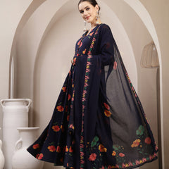 Gulmohar Jaipur Cotton Calf Length Printed Full Sleeves V-Neck Anarkali Kurta Suit Set