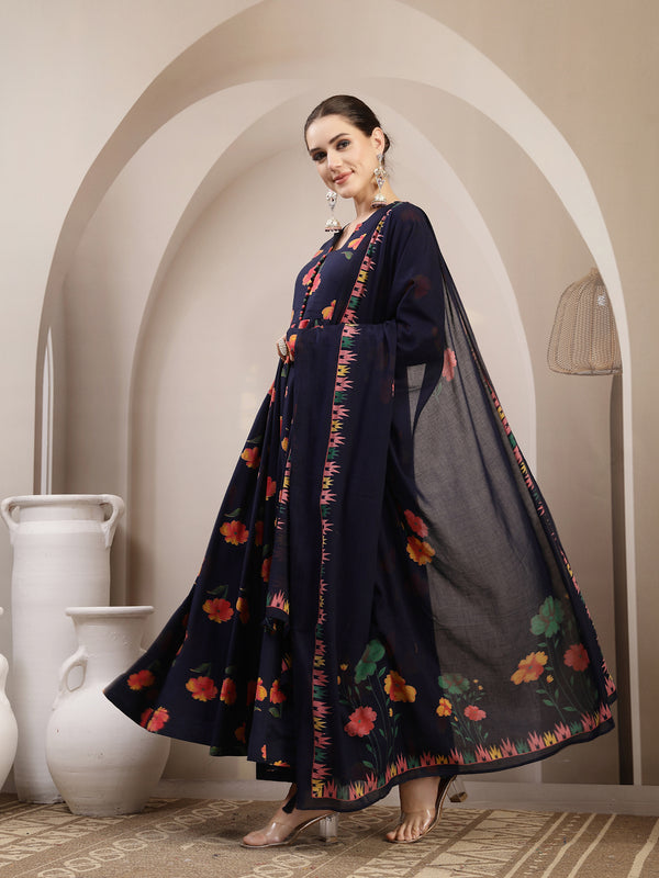 Gulmohar Jaipur Cotton Calf Length Printed Full Sleeves V-Neck Anarkali Kurta Suit Set