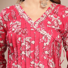 Gulmohar Jaipur Cotton Calf Length Printed 3/4 Sleeve V-Neck Flared Kurta Suit Set