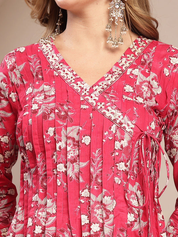 Gulmohar Jaipur Cotton Calf Length Printed 3/4 Sleeve V-Neck Flared Kurta Suit Set