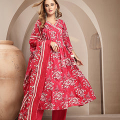Gulmohar Jaipur Cotton Calf Length Printed 3/4 Sleeve V-Neck Flared Kurta Suit Set
