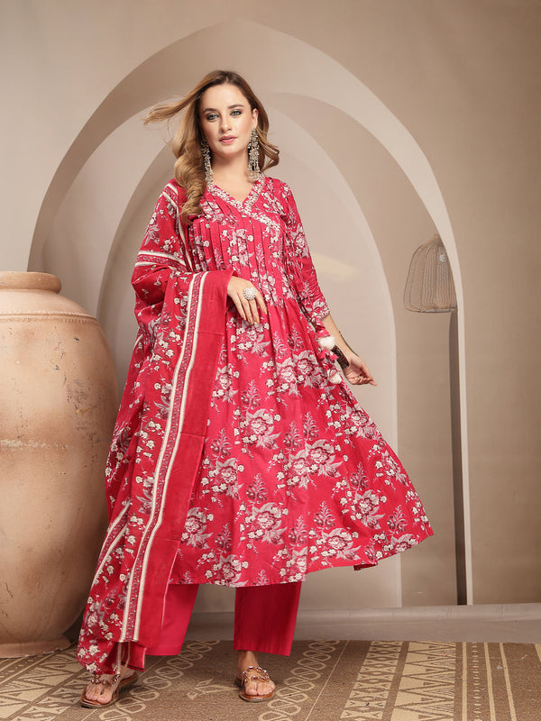 Gulmohar Jaipur Cotton Calf Length Printed 3/4 Sleeve V-Neck Flared Kurta Suit Set
