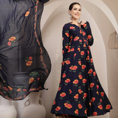 Gulmohar Jaipur Cotton Calf Length Printed Full Sleeves V-Neck Anarkali Kurta Suit Set