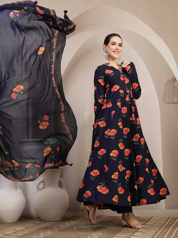 Gulmohar Jaipur Cotton Calf Length Printed Full Sleeves V-Neck Anarkali Kurta Suit Set