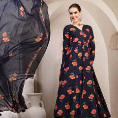 Gulmohar Jaipur Cotton Calf Length Printed Full Sleeves V-Neck Anarkali Kurta Suit Set