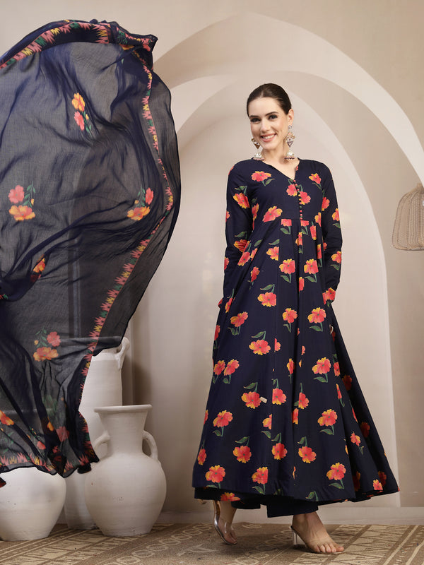 Gulmohar Jaipur Cotton Calf Length Printed Full Sleeves V-Neck Anarkali Kurta Suit Set