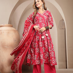 Gulmohar Jaipur Cotton Calf Length Printed 3/4 Sleeve V-Neck Flared Kurta Suit Set
