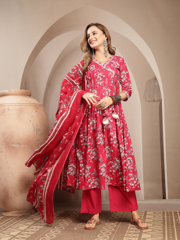 Gulmohar Jaipur Cotton Calf Length Printed 3/4 Sleeve V-Neck Flared Kurta Suit Set