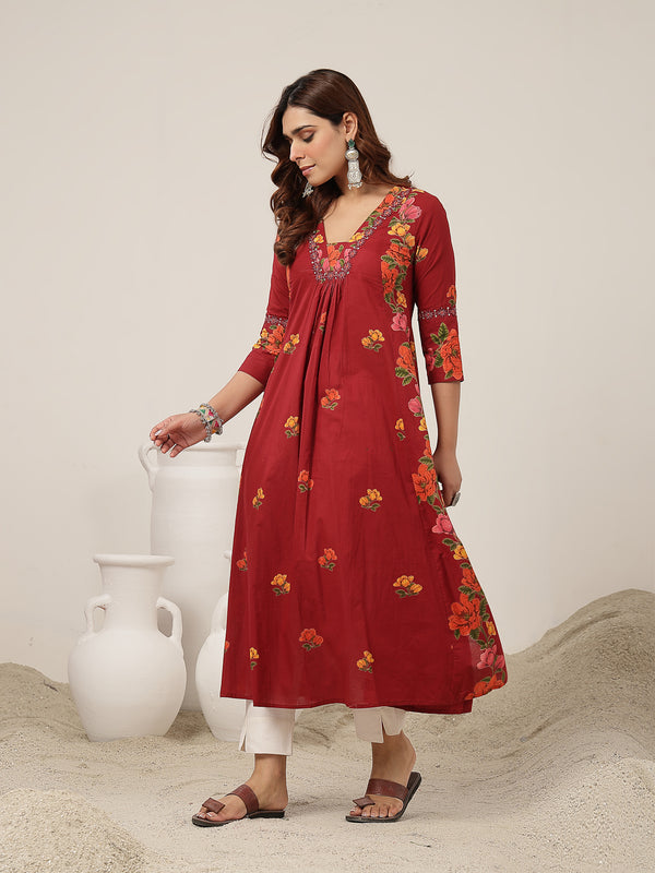 Rayon Calf Length Printed 3/4 Sleeve V-Neck Flared Kurta
