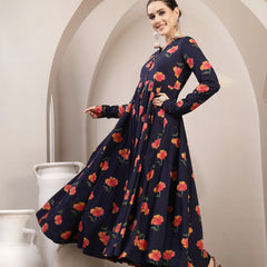 Gulmohar Jaipur Cotton Calf Length Printed Full Sleeves V-Neck Anarkali Kurta Suit Set