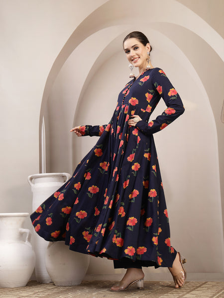 Gulmohar Jaipur Cotton Calf Length Printed Full Sleeves V-Neck Anarkali Kurta Suit Set