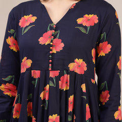 Gulmohar Jaipur Cotton Calf Length Printed Full Sleeves V-Neck Anarkali Kurta Suit Set