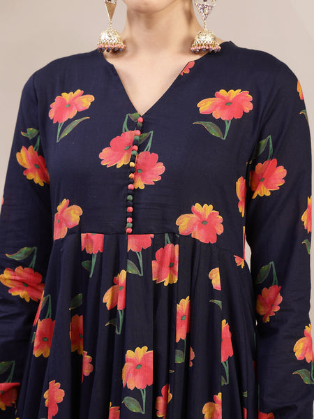 Gulmohar Jaipur Cotton Calf Length Printed Full Sleeves V-Neck Anarkali Kurta Suit Set