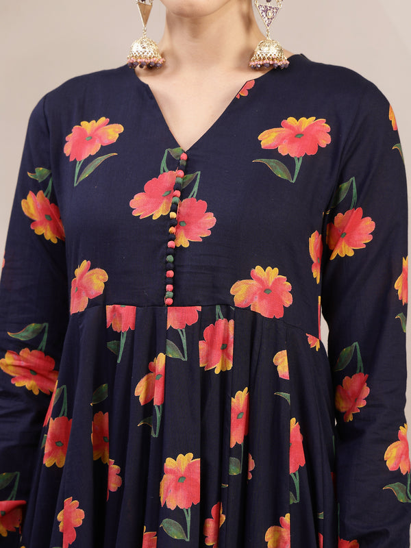 Gulmohar Jaipur Cotton Calf Length Printed Full Sleeves V-Neck Anarkali Kurta Suit Set