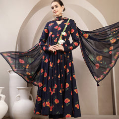 Gulmohar Jaipur Cotton Calf Length Printed Full Sleeves V-Neck Anarkali Kurta Suit Set