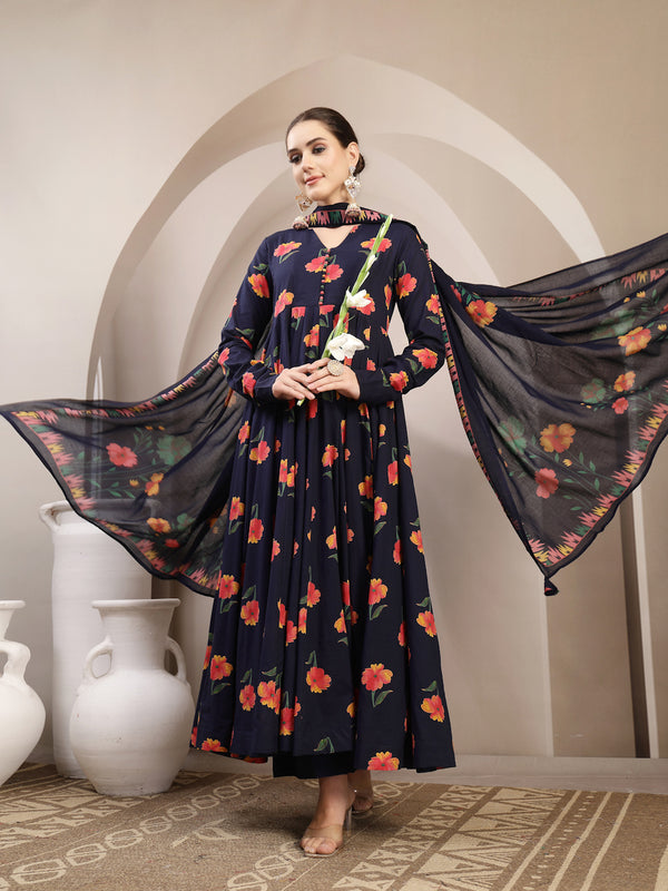 Gulmohar Jaipur Cotton Calf Length Printed Full Sleeves V-Neck Anarkali Kurta Suit Set