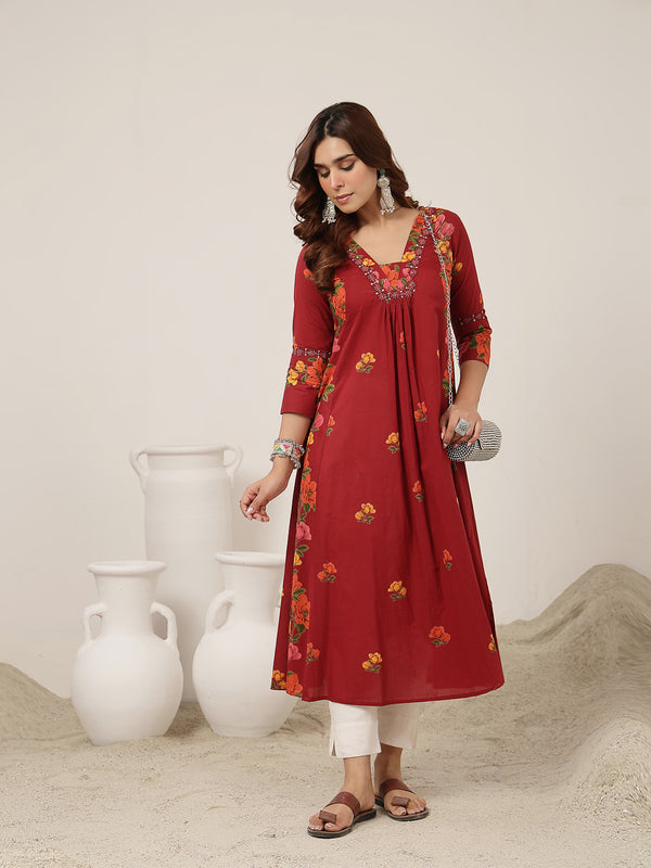 Rayon Calf Length Printed 3/4 Sleeve V-Neck Flared Kurta