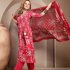 Gulmohar Jaipur Cotton Calf Length Printed 3/4 Sleeve V-Neck Flared Kurta Suit Set