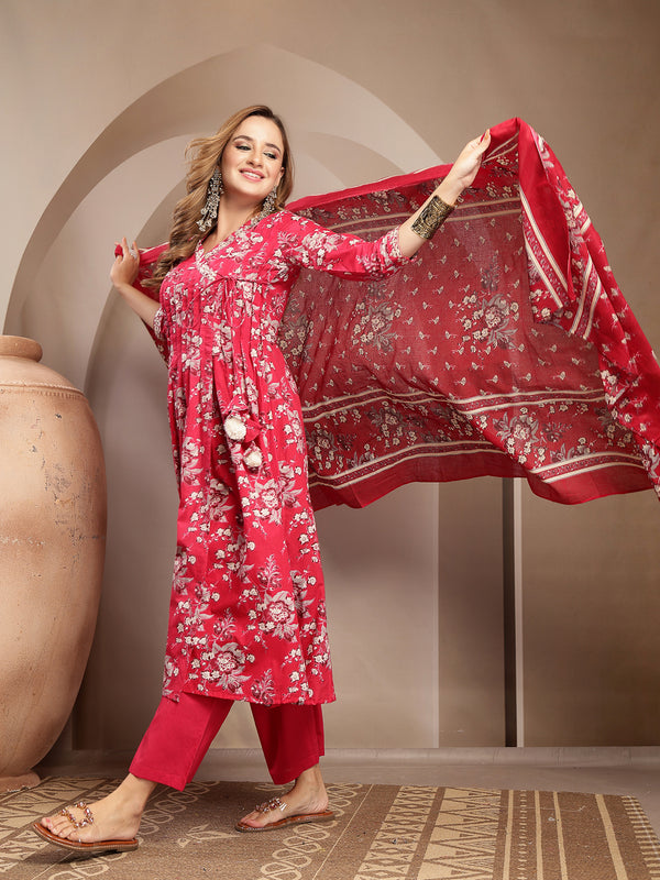 Gulmohar Jaipur Cotton Calf Length Printed 3/4 Sleeve V-Neck Flared Kurta Suit Set