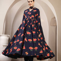 Gulmohar Jaipur Cotton Calf Length Printed Full Sleeves V-Neck Anarkali Kurta Suit Set