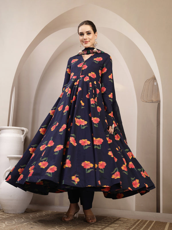 Gulmohar Jaipur Cotton Calf Length Printed Full Sleeves V-Neck Anarkali Kurta Suit Set