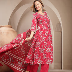 Gulmohar Jaipur Cotton Calf Length Printed 3/4 Sleeve V-Neck Flared Kurta Suit Set