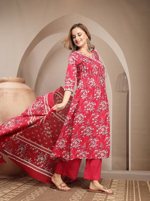 Gulmohar Jaipur Cotton Calf Length Printed 3/4 Sleeve V-Neck Flared Kurta Suit Set