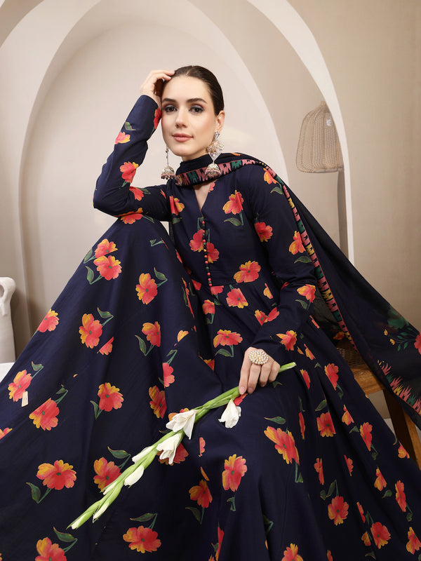 Gulmohar Jaipur Cotton Calf Length Printed Full Sleeves V-Neck Anarkali Kurta Suit Set