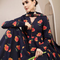 Gulmohar Jaipur Cotton Calf Length Printed Full Sleeves V-Neck Anarkali Kurta Suit Set