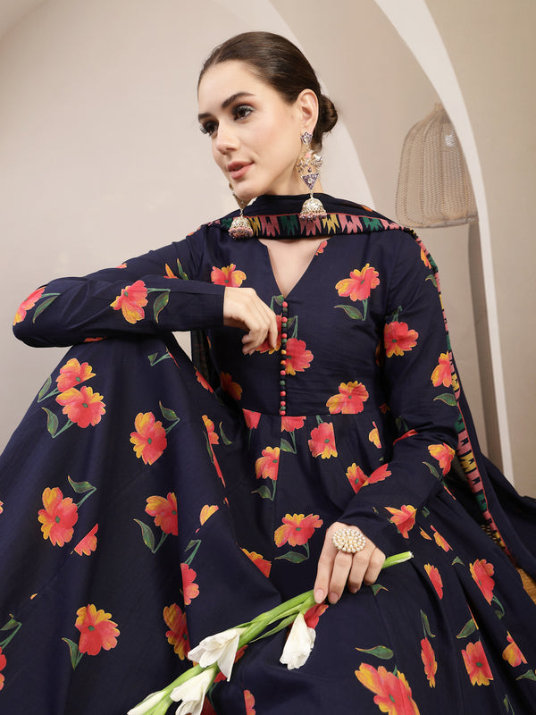 Gulmohar Jaipur Cotton Calf Length Printed Full Sleeves V-Neck Anarkali Kurta Suit Set