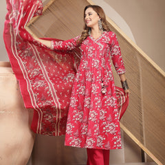 Gulmohar Jaipur Cotton Calf Length Printed 3/4 Sleeve V-Neck Flared Kurta Suit Set