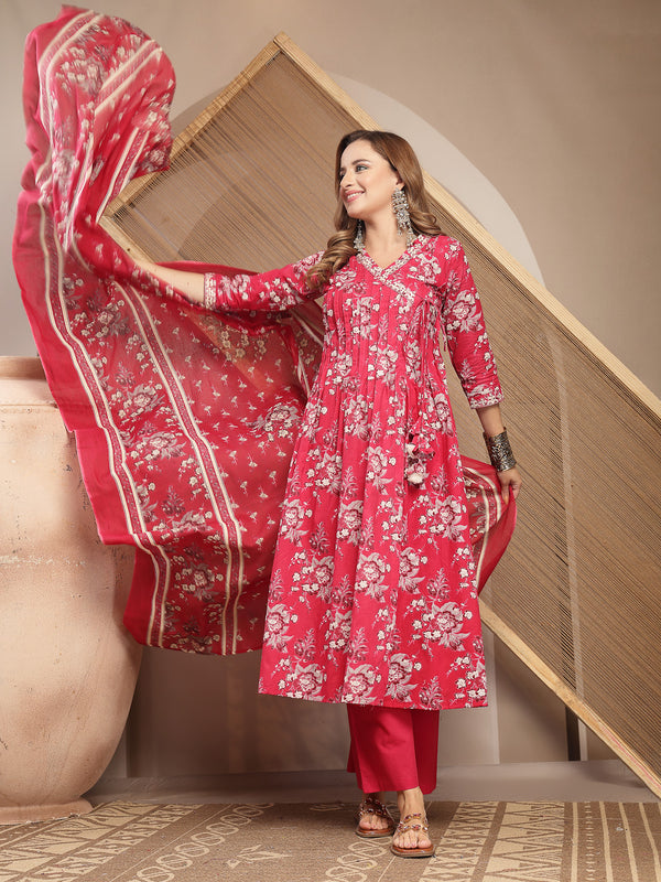 Gulmohar Jaipur Cotton Calf Length Printed 3/4 Sleeve V-Neck Flared Kurta Suit Set