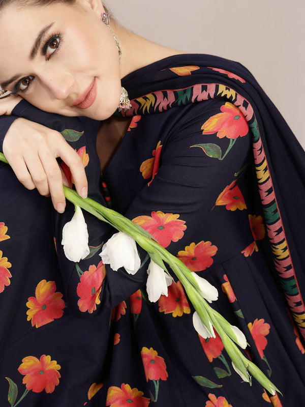 Gulmohar Jaipur Cotton Calf Length Printed Full Sleeves V-Neck Anarkali Kurta Suit Set