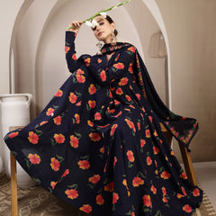 Gulmohar Jaipur Cotton Calf Length Printed Full Sleeves V-Neck Anarkali Kurta Suit Set