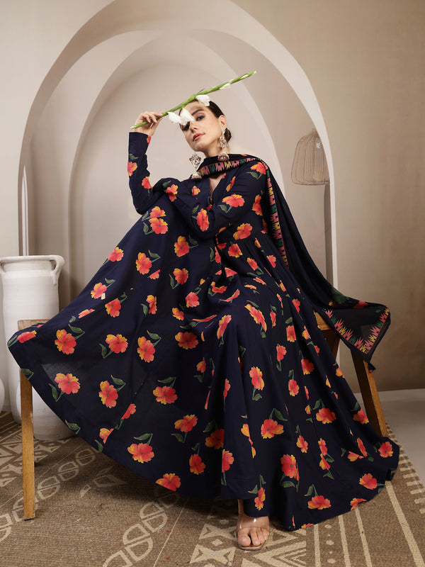 Gulmohar Jaipur Cotton Calf Length Printed Full Sleeves V-Neck Anarkali Kurta Suit Set