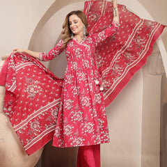 Gulmohar Jaipur Cotton Calf Length Printed 3/4 Sleeve V-Neck Flared Kurta Suit Set
